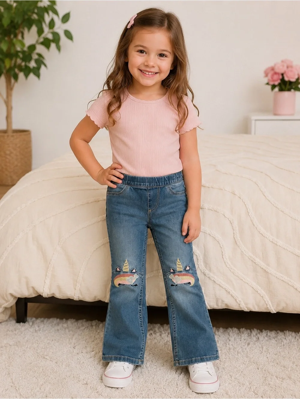 Girls Blue Unicorn Embroidered Jeans